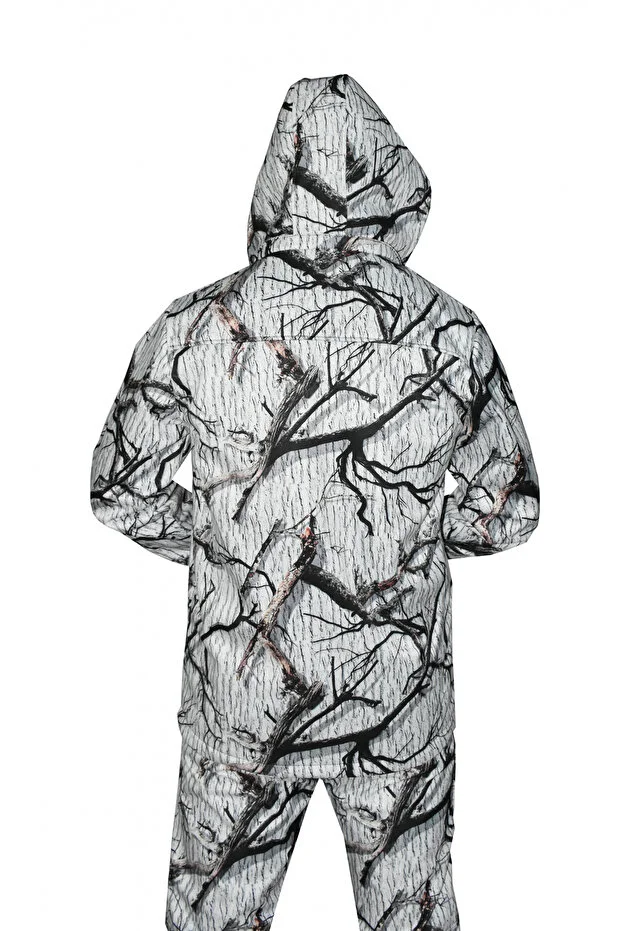 Beyaz Softshell Avcı Saz Kar Desen Çift Kat Polarlı Mont S 