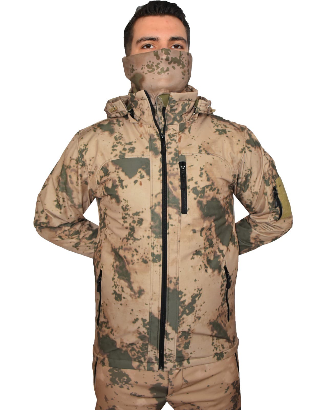 Jandarma Kamuflaj Desen Softshell Kapşonlu Mont L