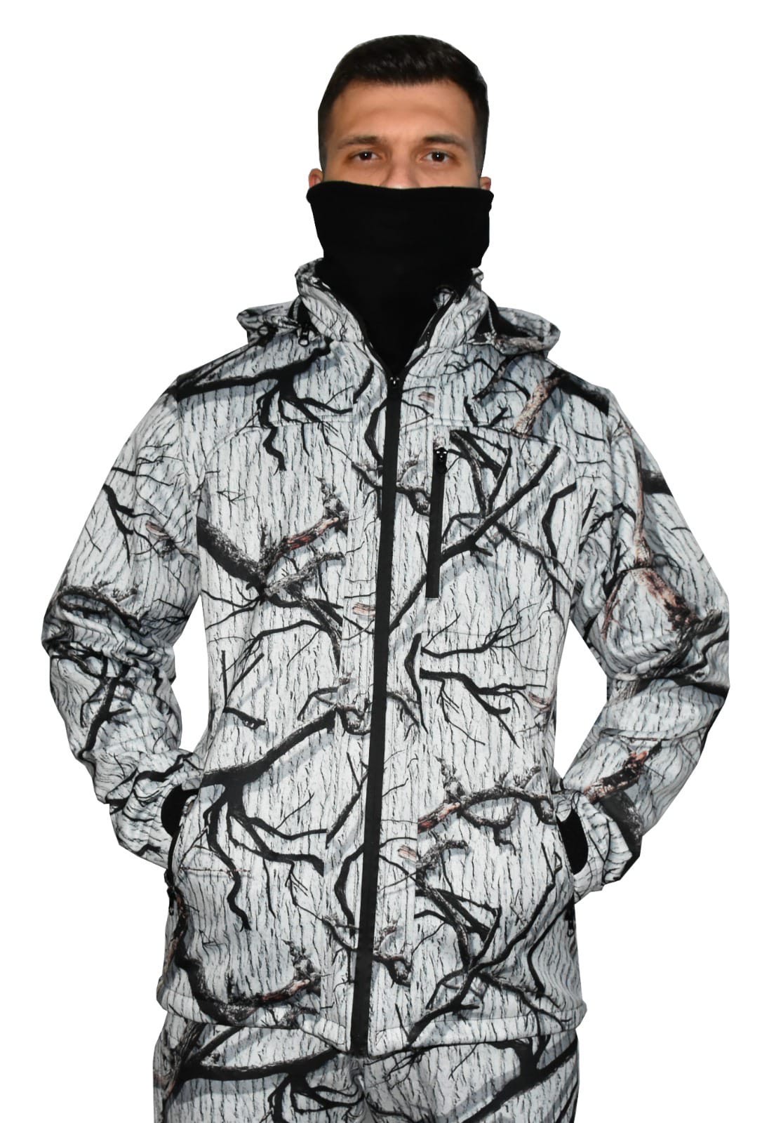 Beyaz Softshell Avcı Saz Kar Desen Çift Kat Polarlı Mont XXL