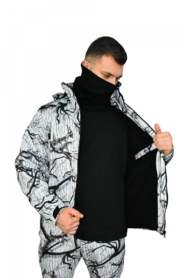 Beyaz Softshell Avcı Saz Kar Desen Çift Kat Polarlı Mont M