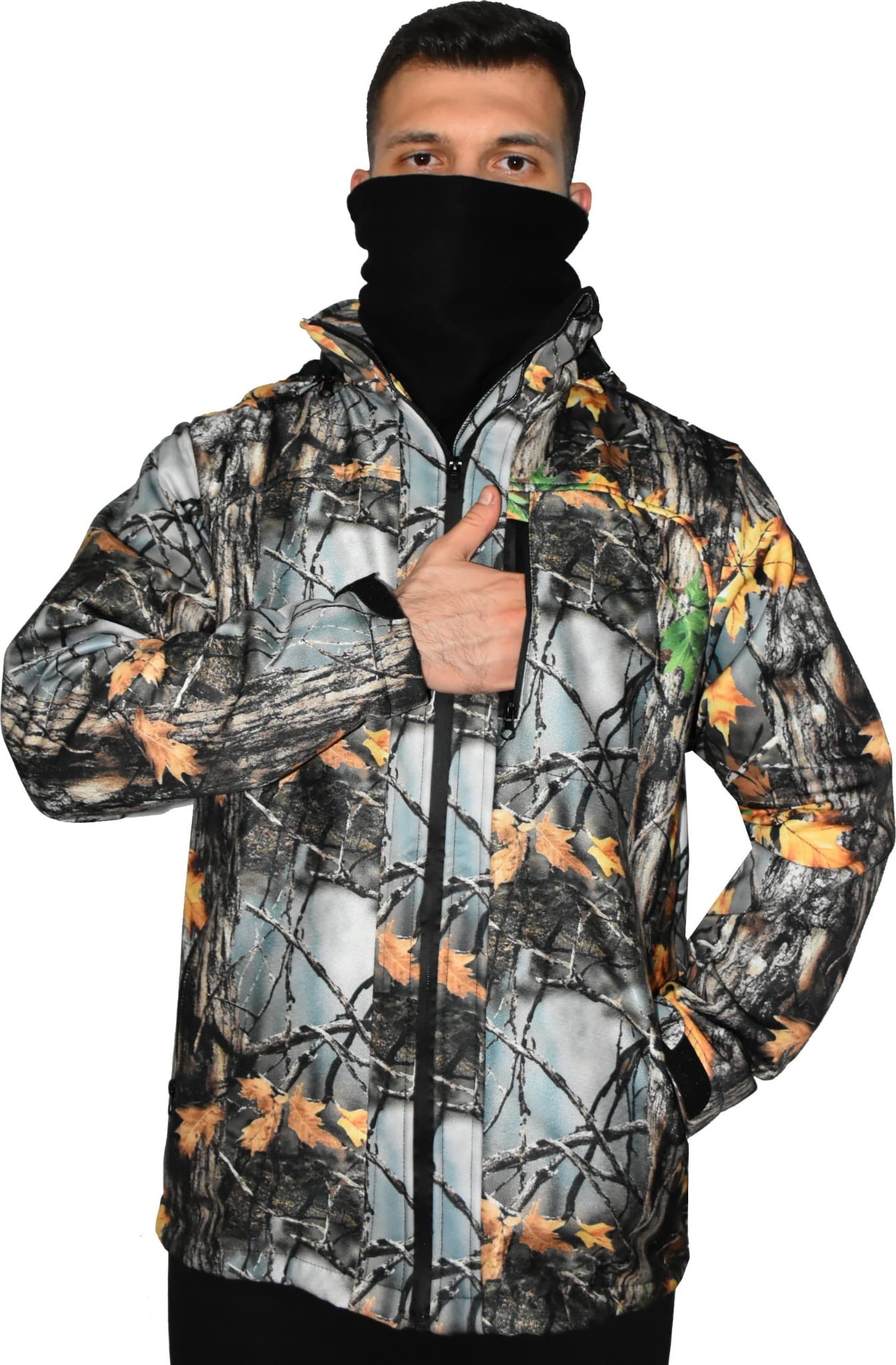 Orman Desen Softshell Çift Kat Polarlı Kapşonlu Mont L