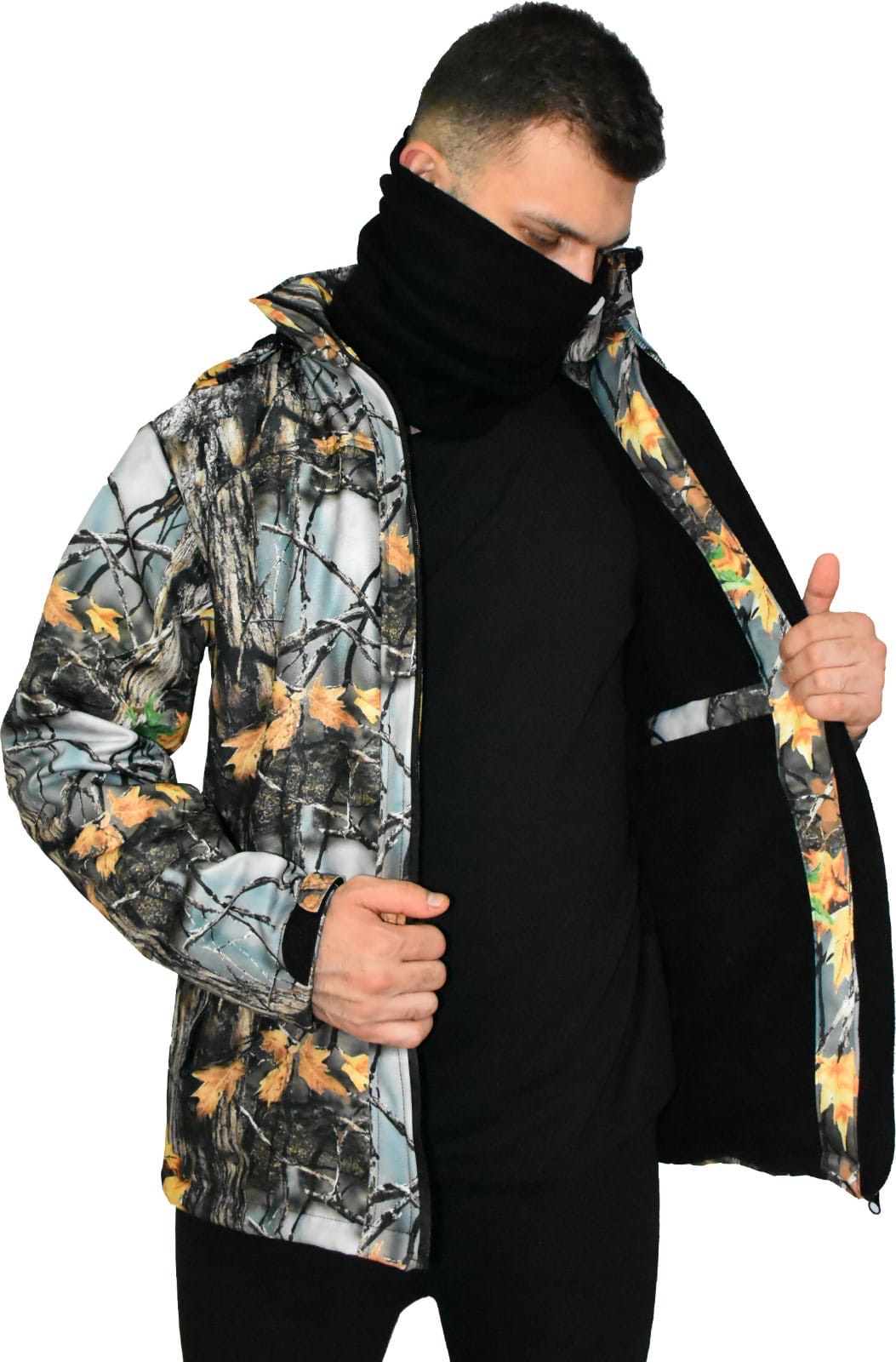 Orman Desen Softshell Çift Kat Polarlı Kapşonlu Mont L